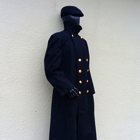 CLOTHING SUPPLY MEN'S VINTAGE BLACK PURE WOOL DOUBLE BREASTED TRENCH - Picture 5 of 17